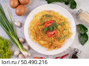 Omelet in a white plate garnished with tomatoes and coriander. Стоковое фото, агентство Ingram Publishing / Фотобанк Лори