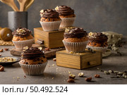 Chocolate chip muffins decorated with chocolate ganache and hazelnut on a vintage dark kitchen countertop. Стоковое фото, агентство Ingram Publishing / Фотобанк Лори