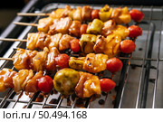 BBQ grill with a variety of meats, complete with tomatoes and bell peppers. Стоковое фото, агентство Ingram Publishing / Фотобанк Лори