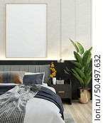 3D illustration Design modern interior bedroom with mockup picture frame on the wall over bed with bedding and cosy furniture, Scandinavian style, 3D rendering. Стоковое фото, агентство Ingram Publishing / Фотобанк Лори