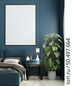 3D illustration Design modern interior bedroom with mockup picture frame on the wall over bed with bedding and cosy furniture, Scandinavian style, 3D rendering. Стоковое фото, агентство Ingram Publishing / Фотобанк Лори