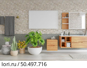 3D illustration luxury bathroom in dry Zone, mockup photo frame on beautiful the wall, Decorated with wooden shelf and cabinet with plant in pot, rendering. Стоковое фото, агентство Ingram Publishing / Фотобанк Лори