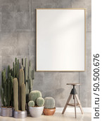 3D illustration mockup photo frame on beautiful wall on concreat wall, Chair and cactus in pot on wooden floor, Decorated with scandinavian style interior and natural rendering. Стоковое фото, агентство Ingram Publishing / Фотобанк Лори
