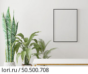 3D illustration mockup photo frame on beautiful wall in gallery hall or lobby of luxury building, Decorated with scandinavian style interior and natural rendering. Стоковое фото, агентство Ingram Publishing / Фотобанк Лори