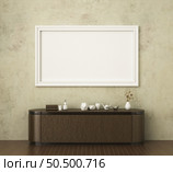 3D illustration mockup photo frame on the wall over cabinet, Decorated with scandinavian style interior and natural rendering. Стоковое фото, агентство Ingram Publishing / Фотобанк Лори