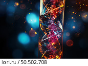 Prismatic Elixir: Crystal glass filled to the brim with a mysterious, colorful liquid, illuminated by an enchanting display of vibrant lights. Стоковое AI-изображение, AI-художник Данила Большаков / Фотобанк Лори