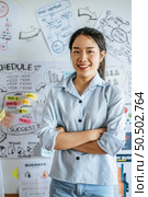 Young asian woman smiling and present planing of project on board in meeting room, copy space. Стоковое фото, агентство Ingram Publishing / Фотобанк Лори