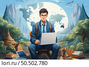 Contemplation at Dawn: A Visionary Man Immersed in Creativity on a Park Bench, Tapping Into the Digital Realm With His Laptop. Стоковое AI-изображение, AI-художник Данила Большаков / Фотобанк Лори