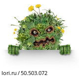 Lawn Weed monster and as dandelion with clover crab grass pest weeds problem as unwanted plants as a symbol for herbicide use in the garden or gardening for lawn disease care with chinch larva grubs. Стоковое фото, агентство Ingram Publishing / Фотобанк Лори