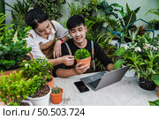 Happily gardener couple use laptop computer while online tutorial on potted plans in workshop together, vlogging or small business houseplant concept. Стоковое фото, агентство Ingram Publishing / Фотобанк Лори