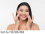 Portrait of Beautiful Asian woman skin care healthy hair and skin close up face beauty isolated over background. Cosmetology and Spa concept. Стоковое фото, агентство Ingram Publishing / Фотобанк Лори
