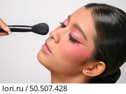 woman wearing pink makeup and holding a blush brush. Isolated on white background. Стоковое фото, агентство Ingram Publishing / Фотобанк Лори