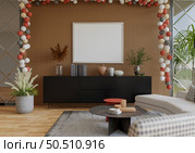 3D illustration, Mockup photo frame on the wall over cabinet in living room, Interior and decoration with beautiful furniture in christmas theme, rendering. Стоковое фото, агентство Ingram Publishing / Фотобанк Лори
