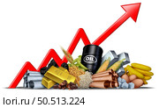 Rising Commodity prices and higher Commodities price or rise in economic goods and natural resources as a stock market trading as crude oil coffee beans copper gold with 3D illustration elements. Стоковое фото, агентство Ingram Publishing / Фотобанк Лори