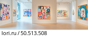 Gallery showcasing vibrant abstract and figurative paintings. Стоковое AI-изображение, AI-художник Данила Большаков / Фотобанк Лори