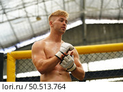 Mixed Martial Art, The boxer’s rehearsal punching before the real fight on the stage It prepares the body for each boxing match. Стоковое фото, агентство Ingram Publishing / Фотобанк Лори