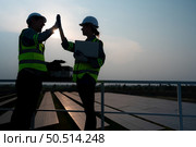 A team of electrical engineers inspecting solar panels in a hundred acres of grass on the rooftop of energy storage station, in the evening after completing the daily work tasks with the setting sun. Стоковое фото, агентство Ingram Publishing / Фотобанк Лори
