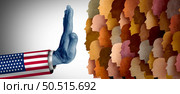 US Immigration and American migrant restriction or closing the USA border policy as a United States government hand stopping and restricting global diverse people from immigrating in a 3D illustration style. Стоковое фото, агентство Ingram Publishing / Фотобанк Лори