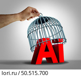 Protective Barrier To AI Technology as safety protocols and safeguards for artificial intelligence  to mitigate risks associated with computer machine learning as a 3D illustration. Стоковое фото, агентство Ingram Publishing / Фотобанк Лори