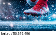 Red Soccer Cleat in Winter Action: A Dynamic Close-up. Стоковое AI-изображение, AI-художник Данила Большаков / Фотобанк Лори