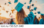 Graduation Ceremony: Caps Toss, Celebration of Achievement. Стоковое AI-изображение, AI-художник Данила Большаков / Фотобанк Лори
