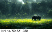 Solitary Yak in a Rain-Soaked Meadow, Serene Nature Scene. Стоковое AI-изображение, AI-художник Данила Большаков / Фотобанк Лори