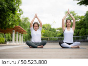 Young female and little girl disciple in the garden there are wooden walkways and a tunnel of fresh green trees. with yoga activities for health. Стоковое фото, агентство Ingram Publishing / Фотобанк Лори