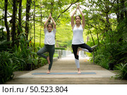 Young female and little girl disciple in the garden there are wooden walkways and a tunnel of fresh green trees. with yoga activities for health. Стоковое фото, агентство Ingram Publishing / Фотобанк Лори