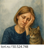 Watercolor illustration with deep emotional overtones: a tired and sad woman sits, leaning on her hand, next to her is a cat with a sympathetic look. Both characters are depicted with a subtle transfer of emotions, creating an atmosphere of fatigue, loneliness and inner pain. This scene is perfect for the themes of mental health, empathy, emotional support and human-animal bonding. Стоковое AI-изображение, AI-художник Анна Кривицкая / Фотобанк Лори