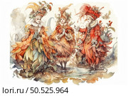 Watercolor illustration of three women in fantasy costumes inspired by nature, foliage and flowers. The characters' outfits consist of petals, feathers and plant motifs, creating a sense of a magical world. The women stand against a backdrop of decorative flora, having a lively conversation by a stream. The image is made in a delicate palette with a predominance of autumn and warm tones, creating an atmosphere of a fairy tale, masquerade and nature. Suitable for book design, posters, invitations and decorative items. Стоковое AI-изображение, AI-художник Анна Кривицкая / Фотобанк Лори