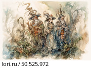 Watercolor fantasy illustration depicts three characters in long robes and tall caps decorated with feathers, flowers and branches. Two old men with long beards and a young female sorceress hold staffs and seem to travel through an enchanted forest. The atmosphere of a fairy-tale world filled with magic, secrets of nature and ancient wisdom. The picture is designed in soft pastel colors and carefully worked out details. Стоковое AI-изображение, AI-художник Анна Кривицкая / Фотобанк Лори