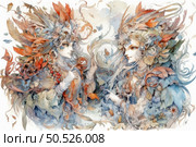 A fantastic illustration in watercolor technique depicts two fairy women, decorated with leaves, flowers and feathers. Their outfits smoothly merge with the surrounding nature, creating an atmosphere of magic, harmony and beauty. The faces of the heroines are spiritual, and the composition is filled with details symbolizing autumn, forest and natural magic. The image is suitable for fantasy, nature, fairy tales and artistic design themes. Стоковое AI-изображение, AI-художник Анна Кривицкая / Фотобанк Лори