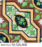 Watercolor illustration of portuguese ceramic tiles pattern. Single square tile. Стоковое фото, агентство Ingram Publishing / Фотобанк Лори