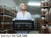Portrait of a female scientist carrying a box with mushroom lumps in a sterile and temperature-controlled room. Стоковое фото, агентство Ingram Publishing / Фотобанк Лори