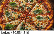 Delicious Homemade Pizza Garnished With Fresh Basil on Wooden Table. Стоковое AI-видео, аниматор Юлия Гапеенко / Фотобанк Лори