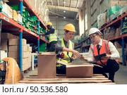 Before exporting to other nations, The product owner meets with the foreman and warehouse personnel to verify their own items held at this warehouse. Стоковое фото, агентство Ingram Publishing / Фотобанк Лори