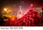 Chinese woman with yellow and red lions It is considered to enhance the prosperity for oneself on the occasion of the Chinese New Year festival every year and in Chinese, it means prosperous, fortunate, happy, prosperous. Стоковое фото, агентство Ingram Publishing / Фотобанк Лори
