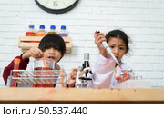 Little boy and girl in science classroom It is the basis for the process of systematic thinking, reasoning, observation, data collection. as well as analysis for processing. Стоковое фото, агентство Ingram Publishing / Фотобанк Лори