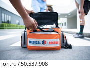 First aid bag, For the medical team who perform first aid in accidents in the ambulance. Стоковое фото, агентство Ingram Publishing / Фотобанк Лори