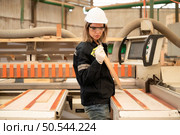 Young woman worker work in a woodworking factory, Working with wood sawing and cutting machines to produce wooden sheets for making pallets. Стоковое фото, агентство Ingram Publishing / Фотобанк Лори