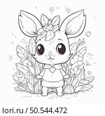 Cute cartoon bunny with flowers. Vector illustration for coloring book. Стоковая иллюстрация, агентство Ingram Publishing / Фотобанк Лори