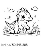 Cute baby dinosaur in the garden. Vector illustration for coloring book. Стоковая иллюстрация, агентство Ingram Publishing / Фотобанк Лори