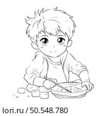 Cute little boy painting with watercolors. black and white vector illustration. Стоковая иллюстрация, агентство Ingram Publishing / Фотобанк Лори