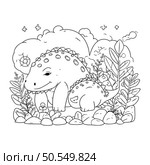 cute tyrannosaurus rex in the garden with plants vector illustration design. Стоковая иллюстрация, агентство Ingram Publishing / Фотобанк Лори