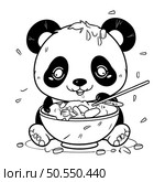 Cute panda eating soup. Black and white vector illustration. Стоковая иллюстрация, агентство Ingram Publishing / Фотобанк Лори