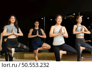 Yoga class of young people interested in yoga activities With a yoga teacher who helps teach yoga postures to students In order to be physically strong and flexible. Стоковое фото, агентство Ingram Publishing / Фотобанк Лори