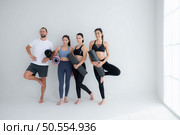 A group of female and male athletes stood and chatted amicably in the studio before beginning with the yoga class. Стоковое фото, агентство Ingram Publishing / Фотобанк Лори