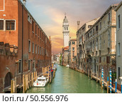 Boats in Venice on the Grand Canal, Italy. Tower on the water channel. Стоковое фото, агентство Ingram Publishing / Фотобанк Лори