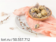 Quail eggs in a ceramic bowl with a peach fuzz pink colored scarf and bird feathers. Wooden table painted white. Background with elements suggestive of the Easter season. Стоковое фото, агентство Ingram Publishing / Фотобанк Лори