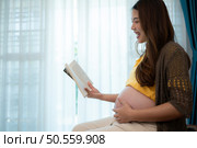 Pregnant woman reading a stories to her unborn child in the living room at home. Стоковое фото, агентство Ingram Publishing / Фотобанк Лори